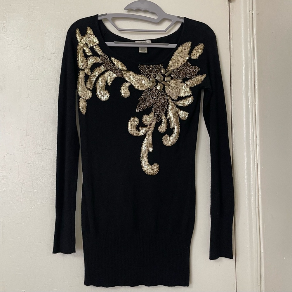 Cache Black Sweater with Gold Embellishments